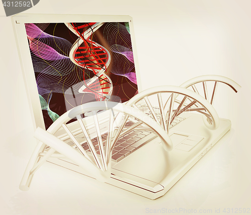 Image of Laptop with dna medical model background on laptop screen. 3d il