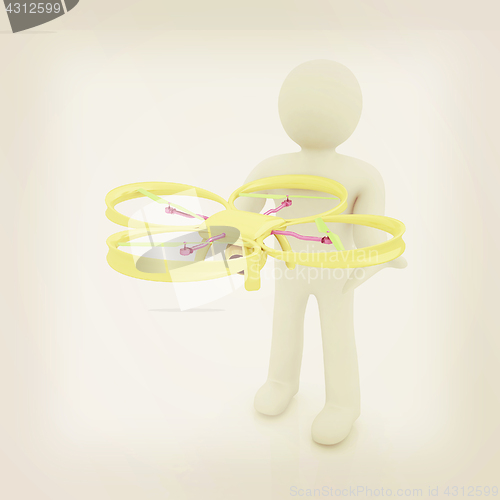 Image of 3d man with drone, quadrocopter, with photo camera. 3d render. 3