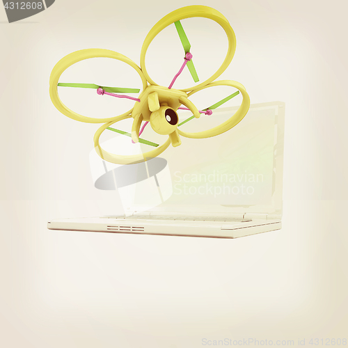 Image of Drone and laptop. 3D render. Vintage style.