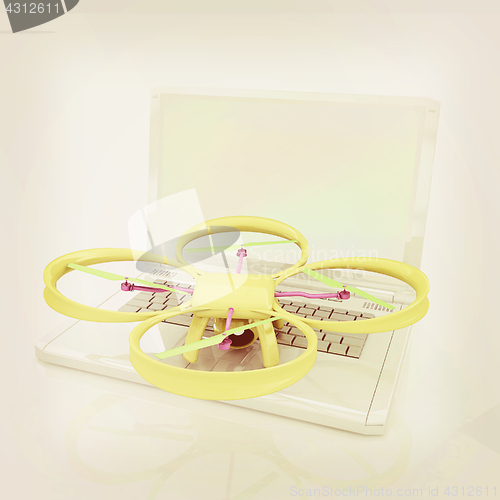 Image of Drone and laptop. 3D render. Vintage style.