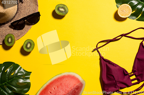 Image of Still life of fashion woman, objects on yellow