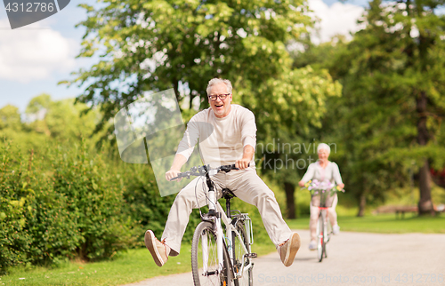 Image of happy senior couple riding bicycles at summer park