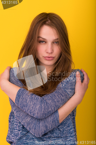 Image of pretty woman playing with her long silky hair