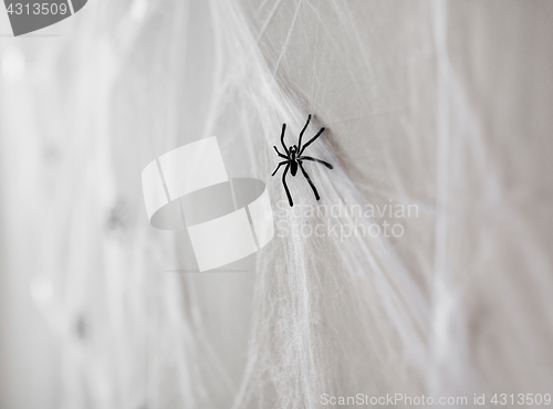 Image of halloween decoration of black toy spiders on web