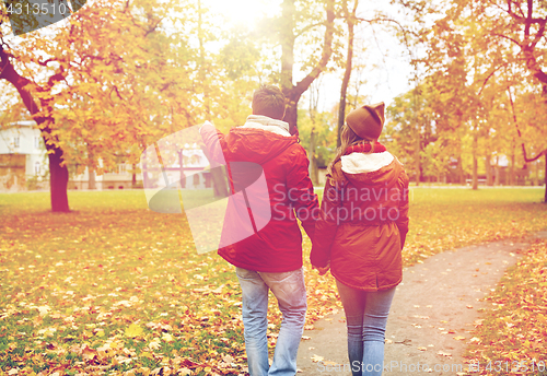 Image of happy young couple walking in autumn park