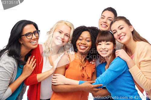 Image of international group of happy women hugging