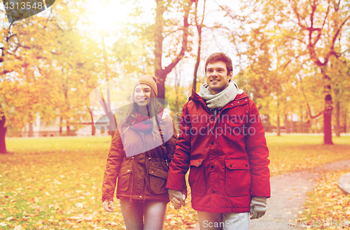 Image of happy young couple walking in autumn park