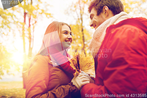 Image of happy couple with maple leaves in autumn park