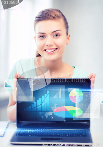 Image of businesswoman showing laptop with graph