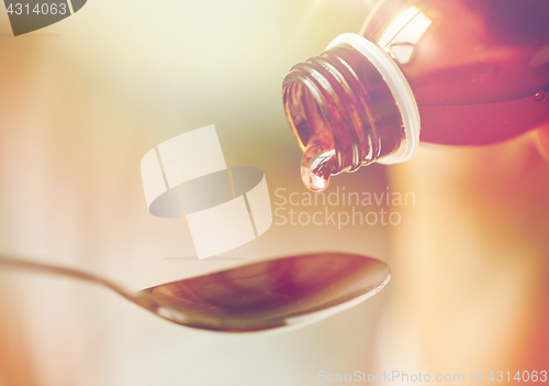 Image of medication or antipyretic syrup and spoon