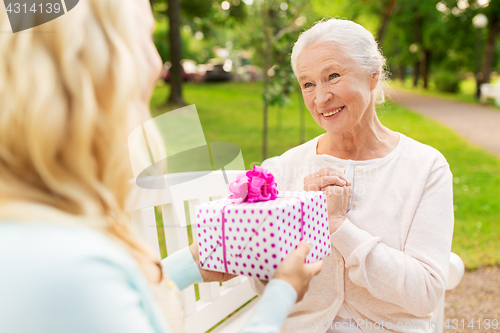 Image of daughter giving present to senior mother at park