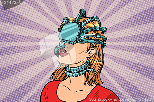 Image of woman in a virtual reality, dangerous parasite helmet