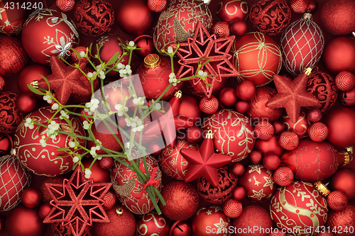 Image of Christmas Mistletoe and Red Baubles