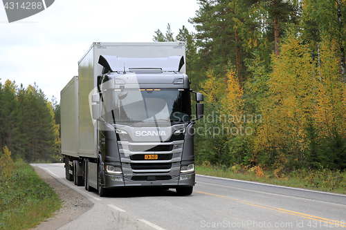 Image of Silver Scania R500 Tractor Trailer on Autumn Highway