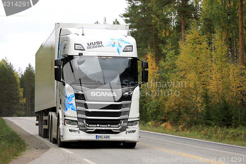 Image of White Scania R500 Semi Trailer on the Road