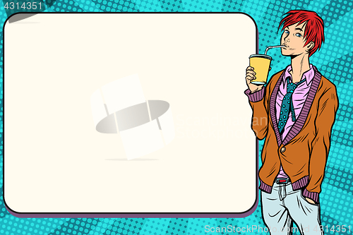 Image of Fashionable hipster young man drinking a beverage, manga anime