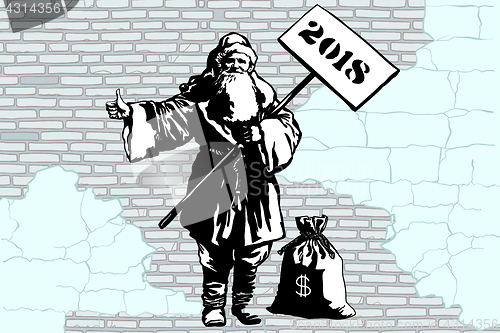 Image of 2018 new year Santa Claus hitchhiker with a bag of money