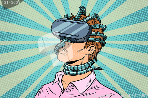 Image of young man in a virtual reality, gadget parasite