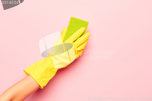 Image of The woman\'s hand cleaning on a pink background. Cleaning or housekeeping concept