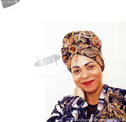 Image of beauty bright african woman with creative make up, shawl on head