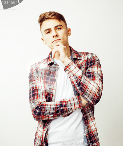 Image of young handsome teenage hipster guy posing emotional, happy smiling against white background isolated, lifestyle people concept 