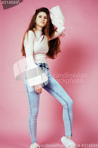 Image of cute pretty redhair teenage girl smiling cheerful on pink background, lifestyle modern people concept