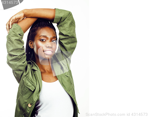 Image of young pretty african-american girl posing cheerful emotional on 