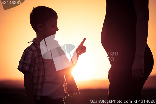Image of Mother and son walking on the field at the sunset time.