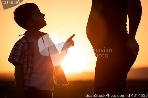 Image of Mother and son walking on the field at the sunset time.