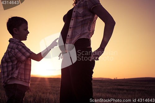 Image of Mother and son walking on the field at the sunset time.