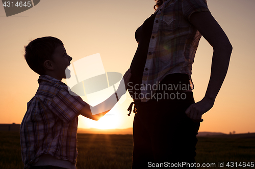 Image of Mother and son walking on the field at the sunset time.