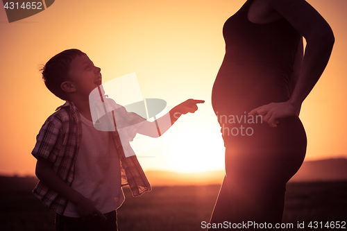 Image of Mother and son walking on the field at the sunset time.