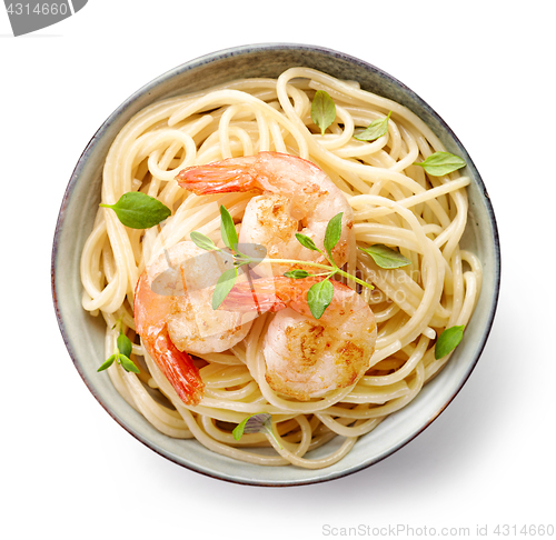 Image of Bowl of spaghetti and fried prawns