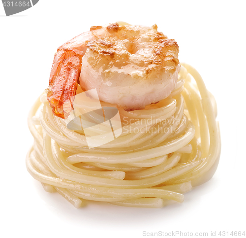 Image of spaghetti and fried prawn