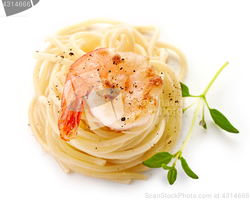 Image of spaghetti and fried prawn