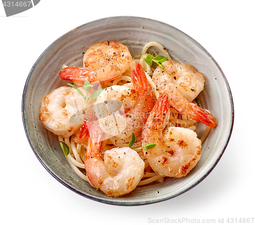 Image of Bowl of spaghetti and fried prawns