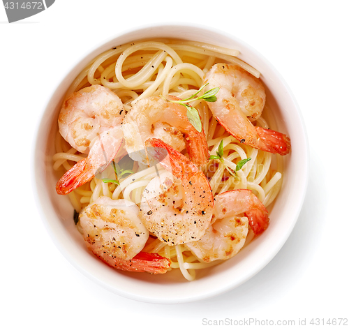 Image of Bowl of spaghetti and fried prawns
