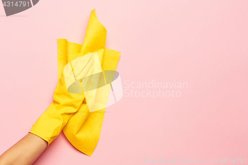 Image of The woman\'s hand cleaning on a pink background. Cleaning or housekeeping concept