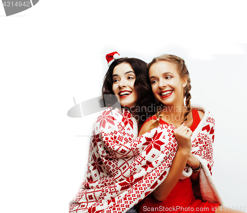Image of young pretty happy smiling blond and brunette woman girlfriends 