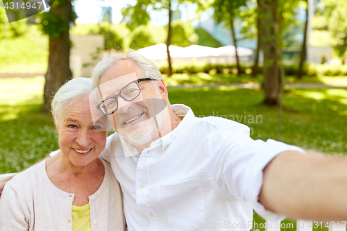 Image of senior couple taking selfie at summer park 