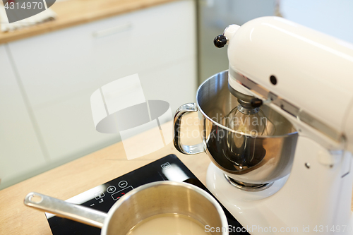 Image of electric mixer and pot on stove at kitchen