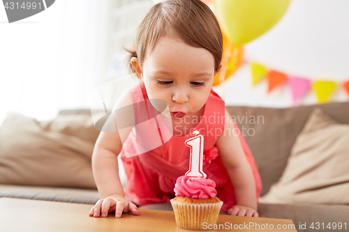 Image of girl blowing to candle on cupcake at birthday