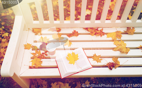 Image of open book and coffee cup on bench in autumn park