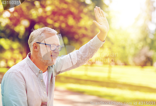 Image of happy senior man waving hand at summer park