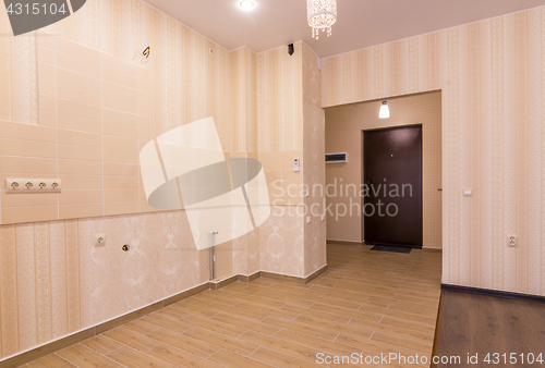 Image of Interior of studio apartment, view from the room to the front door and kitchen without furniture