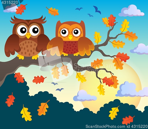 Image of Autumn owls on branch theme image 2