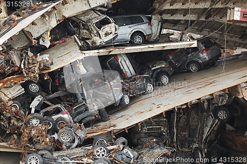 Image of Pile of smashed car wrecks