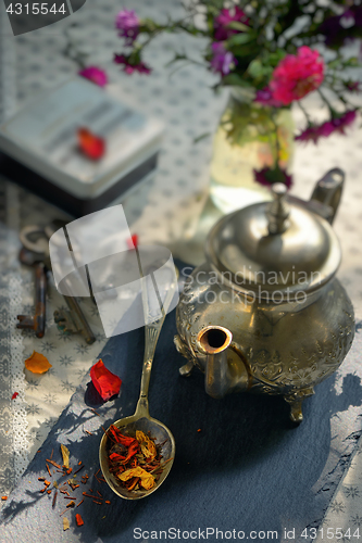 Image of Dry tea leaves on spoon