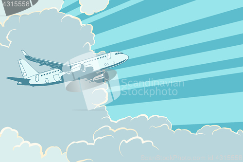 Image of Retro airplane flying in the clouds. Air travel background