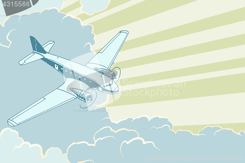 Image of Retro airplane flying in the clouds. Air travel background